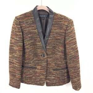 Lafayette 148 Tweed Blazer Womens 6 Petite Alpaca Wool Leather Trim Old Money